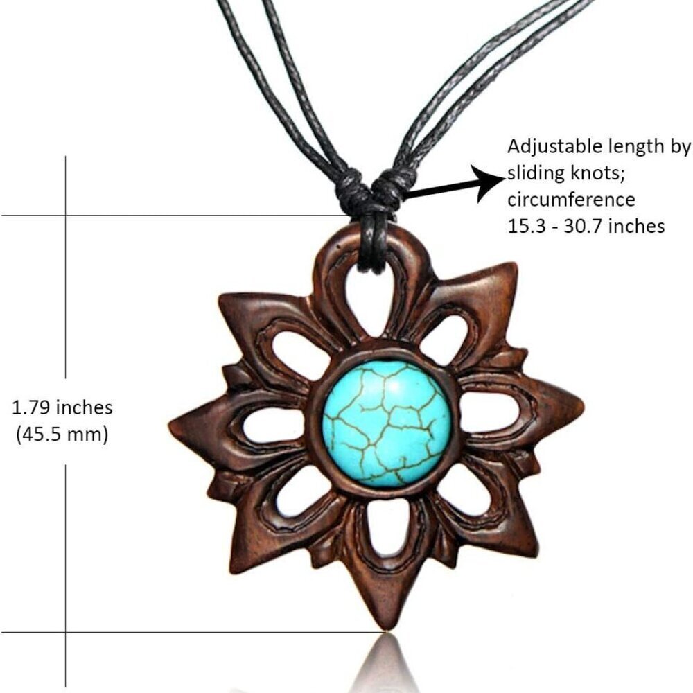 Adjustable Wooden Necklace Organic Turquoise Mandala Flower Women Jewelry - Picture 2 of 7